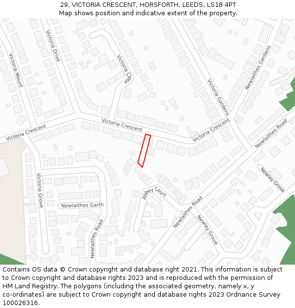 29, VICTORIA CRESCENT, HORSFORTH, LEEDS, LS18 4PT: Location map and indicative extent of plot