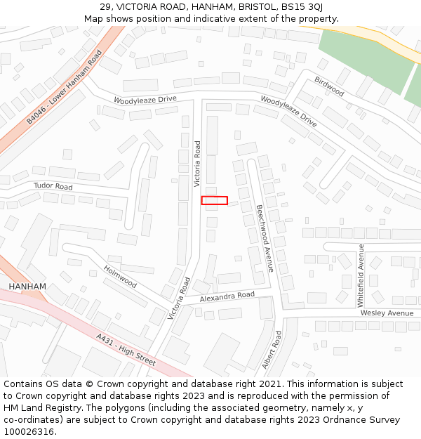 29, VICTORIA ROAD, HANHAM, BRISTOL, BS15 3QJ: Location map and indicative extent of plot