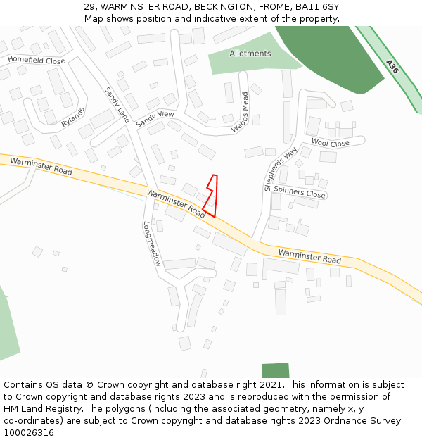 29, WARMINSTER ROAD, BECKINGTON, FROME, BA11 6SY: Location map and indicative extent of plot