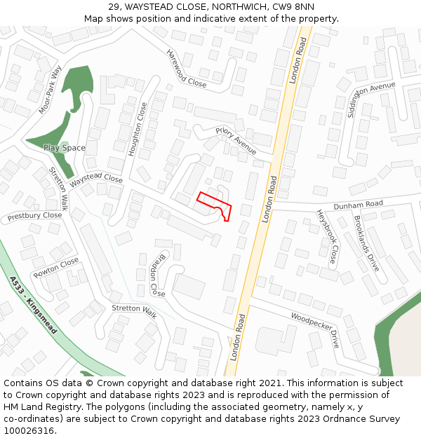 29, WAYSTEAD CLOSE, NORTHWICH, CW9 8NN: Location map and indicative extent of plot