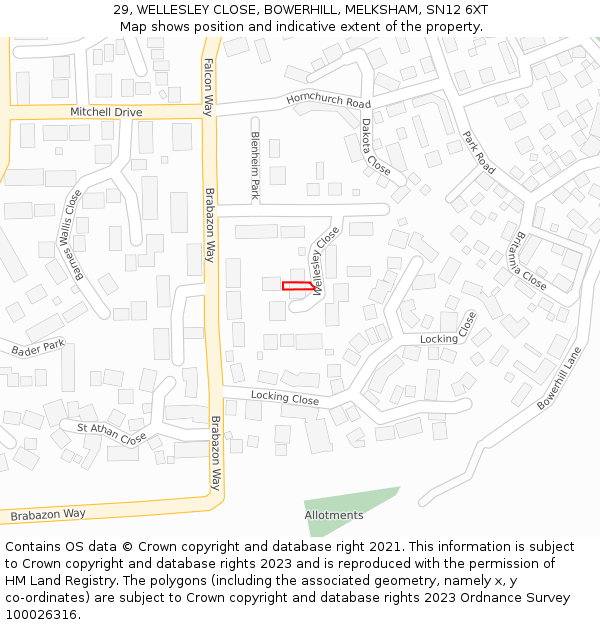 29, WELLESLEY CLOSE, BOWERHILL, MELKSHAM, SN12 6XT: Location map and indicative extent of plot