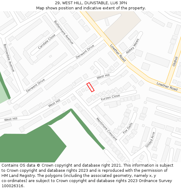 29, WEST HILL, DUNSTABLE, LU6 3PN: Location map and indicative extent of plot