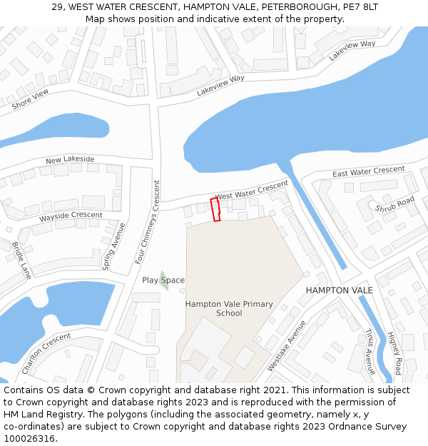 29, WEST WATER CRESCENT, HAMPTON VALE, PETERBOROUGH, PE7 8LT: Location map and indicative extent of plot