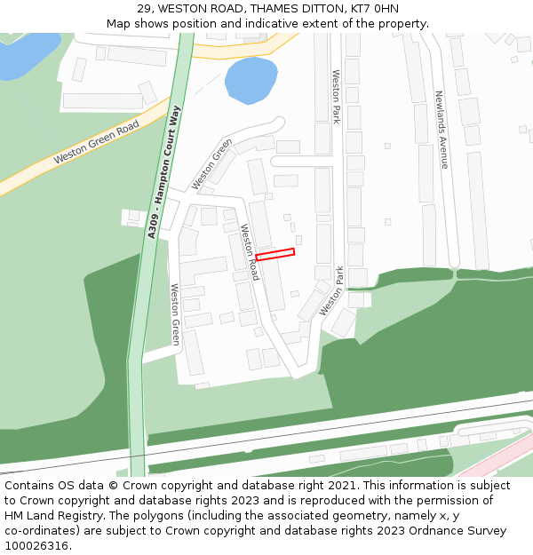 29, WESTON ROAD, THAMES DITTON, KT7 0HN: Location map and indicative extent of plot