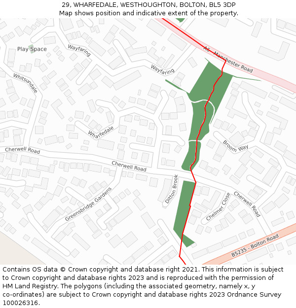 29, WHARFEDALE, WESTHOUGHTON, BOLTON, BL5 3DP: Location map and indicative extent of plot