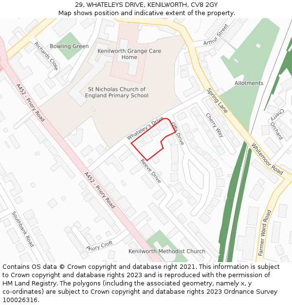 29, WHATELEYS DRIVE, KENILWORTH, CV8 2GY: Location map and indicative extent of plot