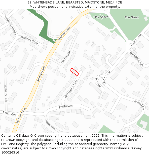 29, WHITEHEADS LANE, BEARSTED, MAIDSTONE, ME14 4DE: Location map and indicative extent of plot