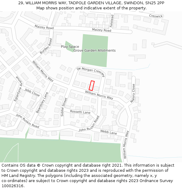 29, WILLIAM MORRIS WAY, TADPOLE GARDEN VILLAGE, SWINDON, SN25 2PP: Location map and indicative extent of plot