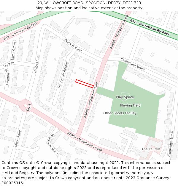 29, WILLOWCROFT ROAD, SPONDON, DERBY, DE21 7FR: Location map and indicative extent of plot