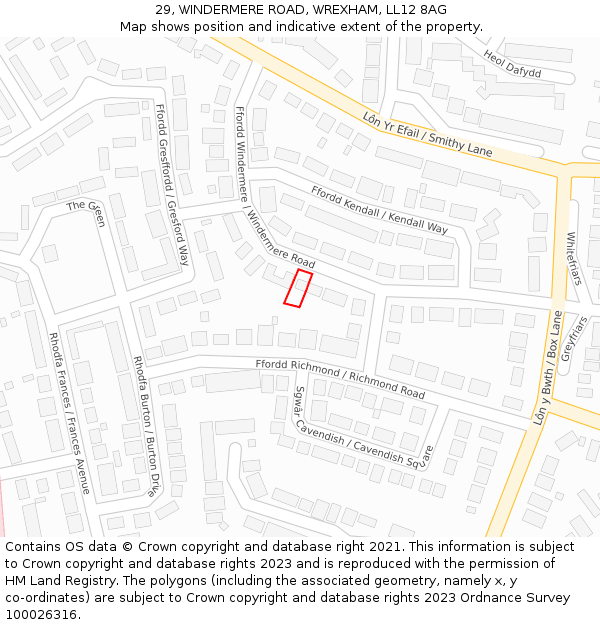 29, WINDERMERE ROAD, WREXHAM, LL12 8AG: Location map and indicative extent of plot