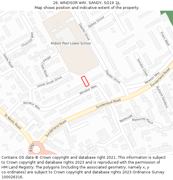 29, WINDSOR WAY, SANDY, SG19 1JL: Location map and indicative extent of plot