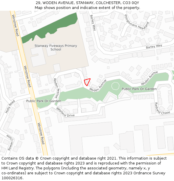 29, WODEN AVENUE, STANWAY, COLCHESTER, CO3 0QY: Location map and indicative extent of plot