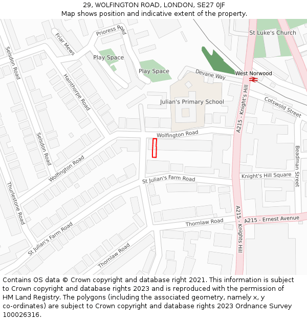 29, WOLFINGTON ROAD, LONDON, SE27 0JF: Location map and indicative extent of plot