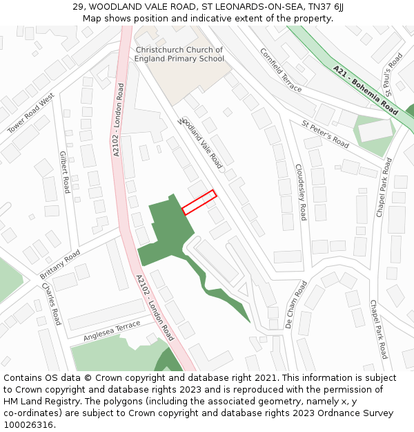 29, WOODLAND VALE ROAD, ST LEONARDS-ON-SEA, TN37 6JJ: Location map and indicative extent of plot