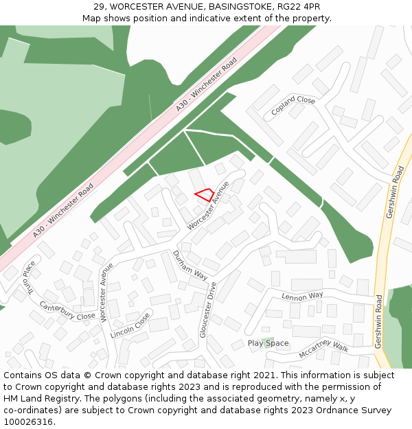29, WORCESTER AVENUE, BASINGSTOKE, RG22 4PR: Location map and indicative extent of plot