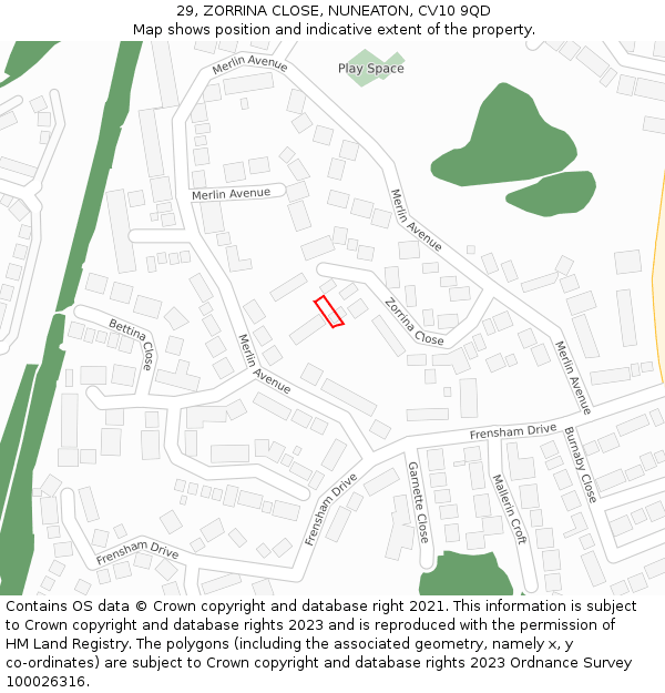 29, ZORRINA CLOSE, NUNEATON, CV10 9QD: Location map and indicative extent of plot