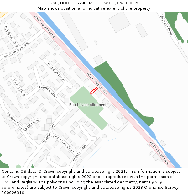 290, BOOTH LANE, MIDDLEWICH, CW10 0HA: Location map and indicative extent of plot