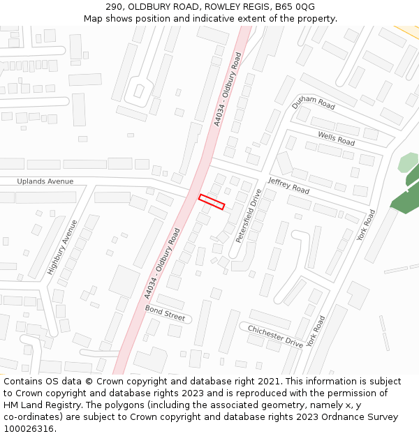 290, OLDBURY ROAD, ROWLEY REGIS, B65 0QG: Location map and indicative extent of plot