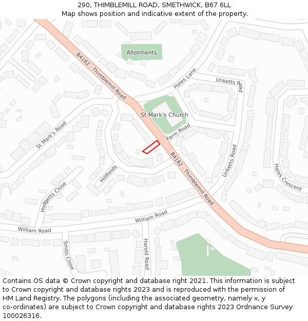 290, THIMBLEMILL ROAD, SMETHWICK, B67 6LL: Location map and indicative extent of plot