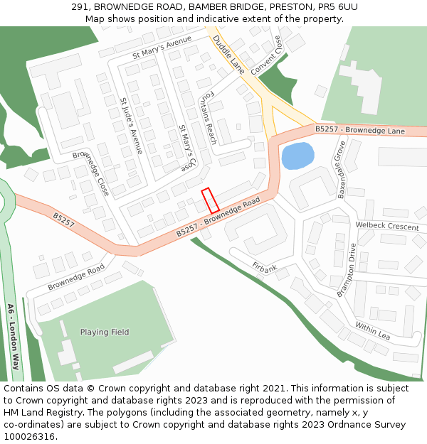 291, BROWNEDGE ROAD, BAMBER BRIDGE, PRESTON, PR5 6UU: Location map and indicative extent of plot
