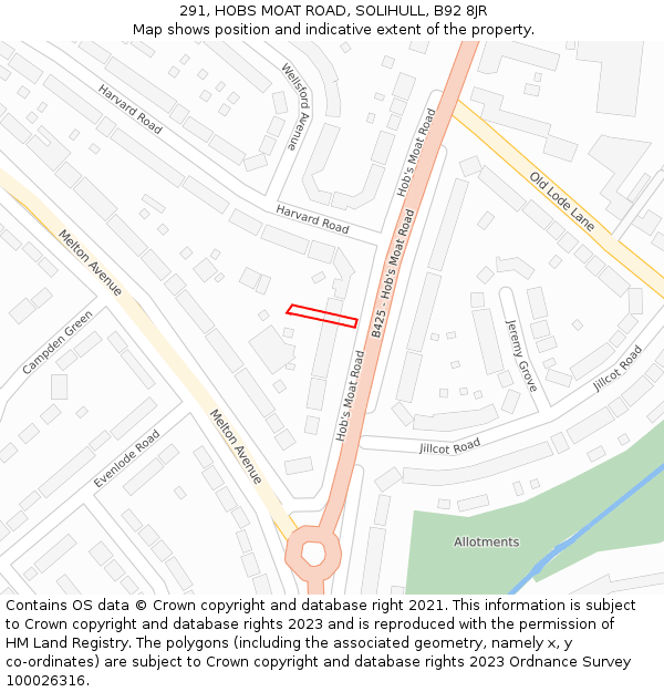 291, HOBS MOAT ROAD, SOLIHULL, B92 8JR: Location map and indicative extent of plot