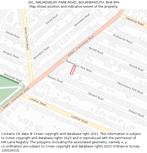 291, MALMESBURY PARK ROAD, BOURNEMOUTH, BH8 8PX: Location map and indicative extent of plot