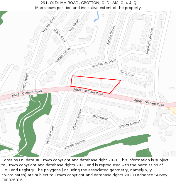 291, OLDHAM ROAD, GROTTON, OLDHAM, OL4 4LQ: Location map and indicative extent of plot