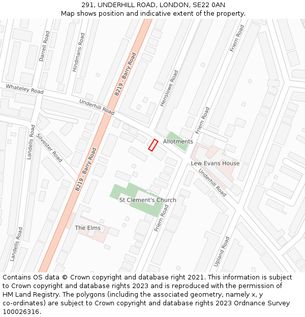 291, UNDERHILL ROAD, LONDON, SE22 0AN: Location map and indicative extent of plot
