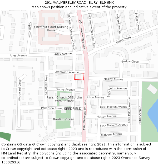 291, WALMERSLEY ROAD, BURY, BL9 6NX: Location map and indicative extent of plot