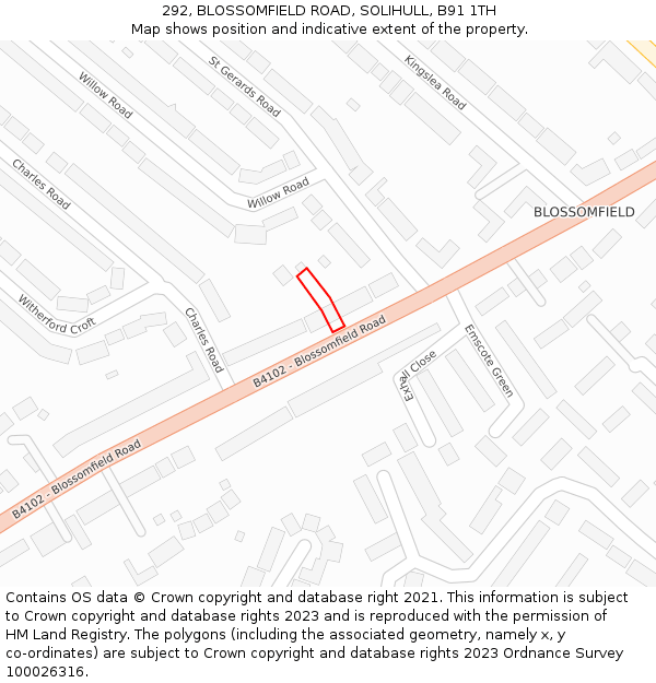 292, BLOSSOMFIELD ROAD, SOLIHULL, B91 1TH: Location map and indicative extent of plot