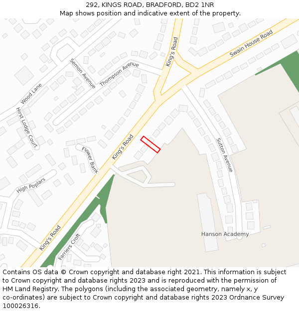 292, KINGS ROAD, BRADFORD, BD2 1NR: Location map and indicative extent of plot