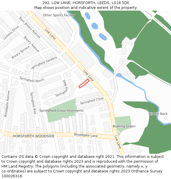 292, LOW LANE, HORSFORTH, LEEDS, LS18 5DE: Location map and indicative extent of plot
