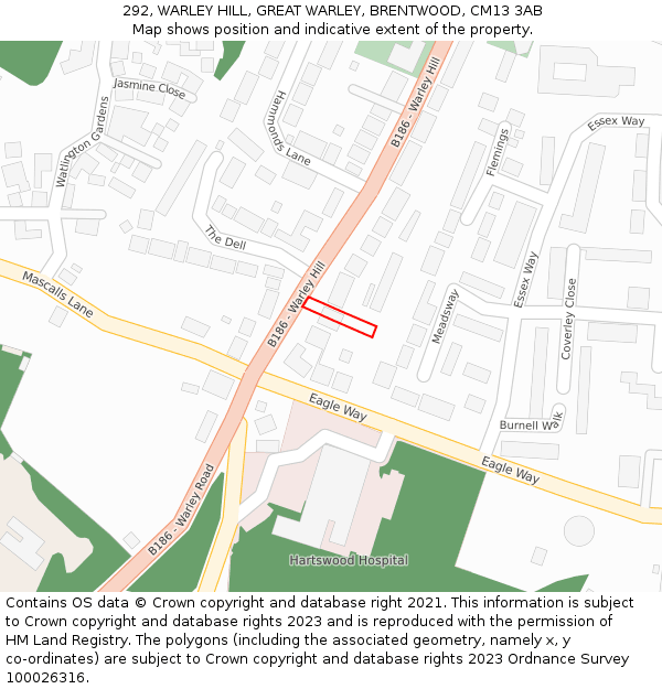 292, WARLEY HILL, GREAT WARLEY, BRENTWOOD, CM13 3AB: Location map and indicative extent of plot