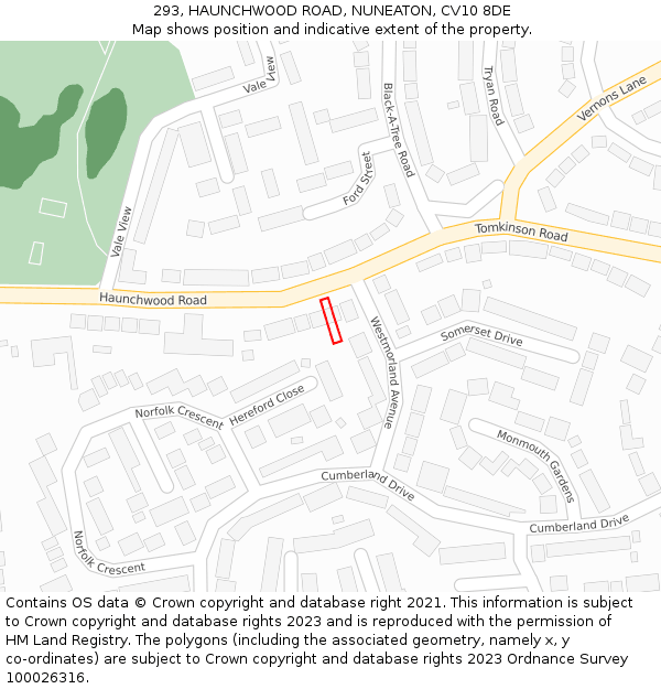 293, HAUNCHWOOD ROAD, NUNEATON, CV10 8DE: Location map and indicative extent of plot