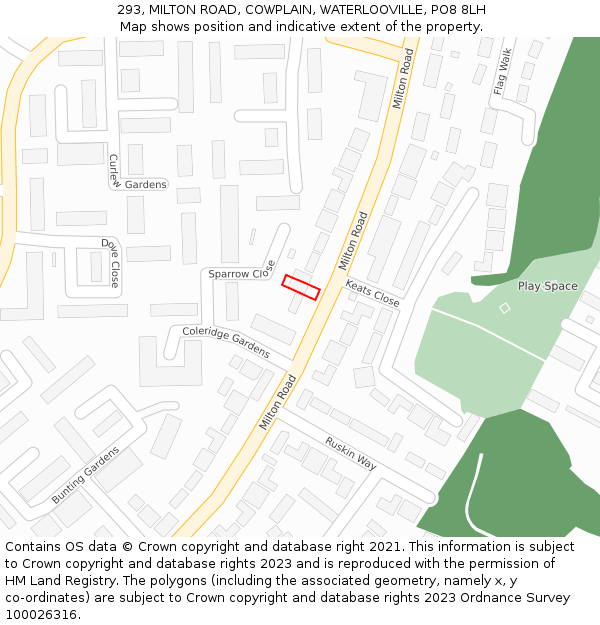 293, MILTON ROAD, COWPLAIN, WATERLOOVILLE, PO8 8LH: Location map and indicative extent of plot