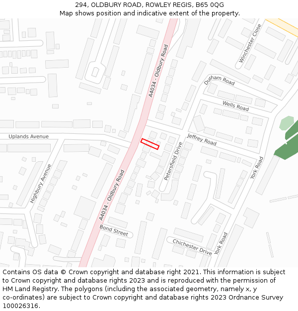 294, OLDBURY ROAD, ROWLEY REGIS, B65 0QG: Location map and indicative extent of plot