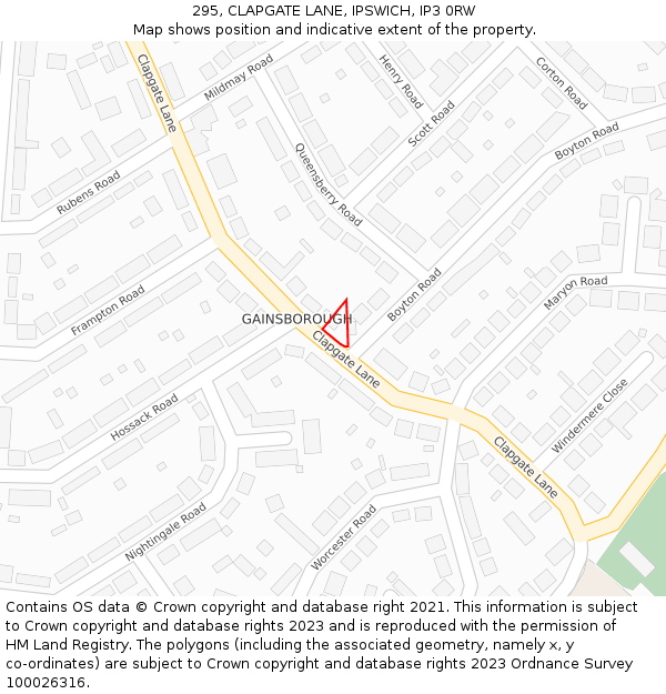 295, CLAPGATE LANE, IPSWICH, IP3 0RW: Location map and indicative extent of plot