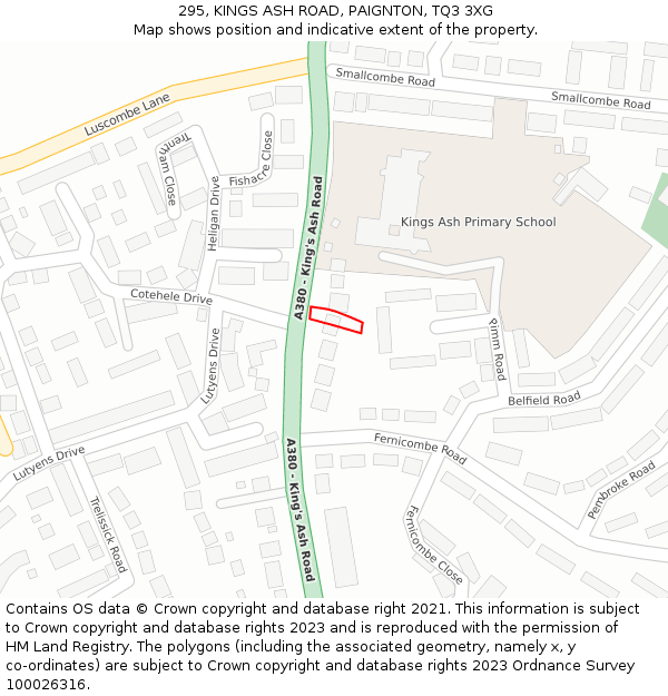 295, KINGS ASH ROAD, PAIGNTON, TQ3 3XG: Location map and indicative extent of plot