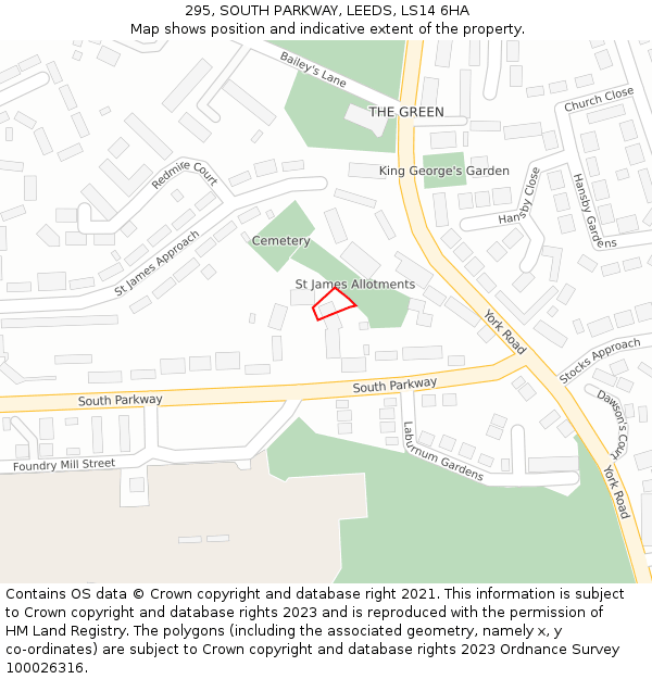 295, SOUTH PARKWAY, LEEDS, LS14 6HA: Location map and indicative extent of plot