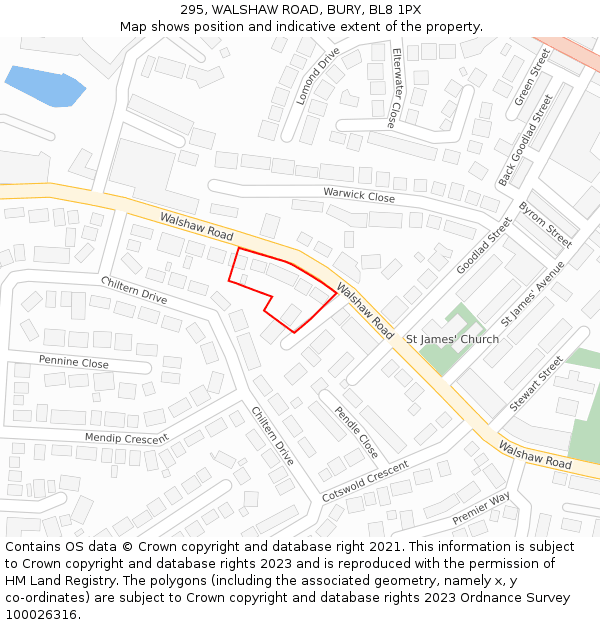295, WALSHAW ROAD, BURY, BL8 1PX: Location map and indicative extent of plot