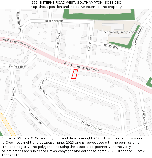 296, BITTERNE ROAD WEST, SOUTHAMPTON, SO18 1BQ: Location map and indicative extent of plot