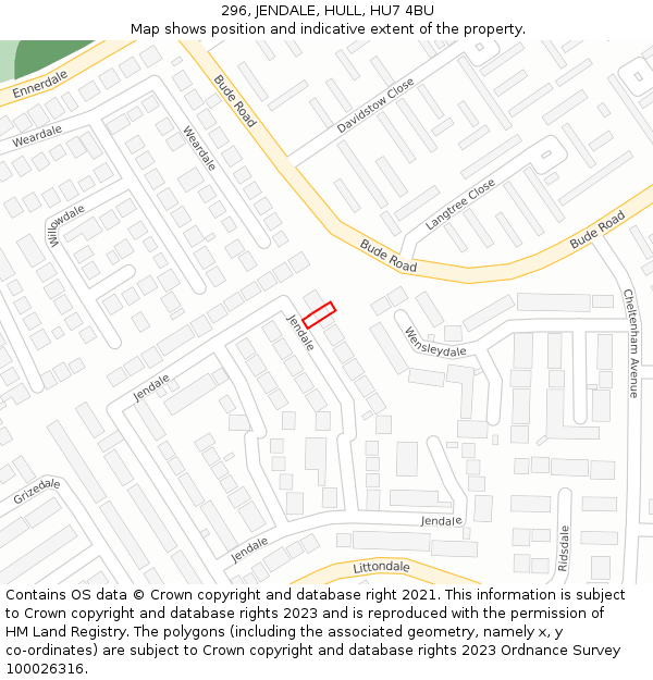 296, JENDALE, HULL, HU7 4BU: Location map and indicative extent of plot