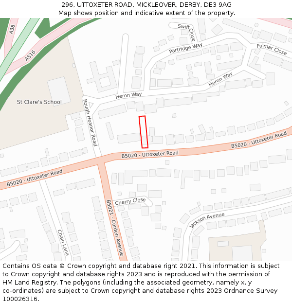 296, UTTOXETER ROAD, MICKLEOVER, DERBY, DE3 9AG: Location map and indicative extent of plot