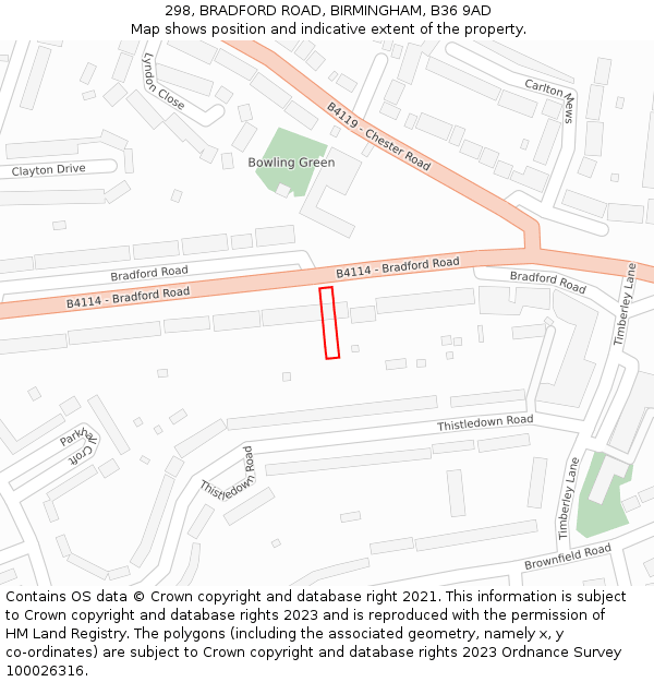 298, BRADFORD ROAD, BIRMINGHAM, B36 9AD: Location map and indicative extent of plot