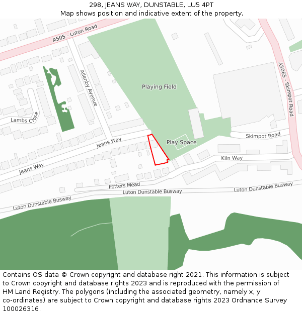 298, JEANS WAY, DUNSTABLE, LU5 4PT: Location map and indicative extent of plot