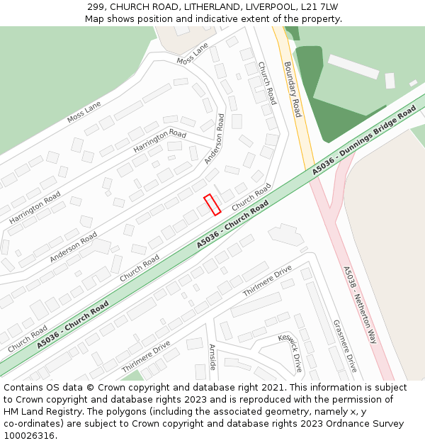 299, CHURCH ROAD, LITHERLAND, LIVERPOOL, L21 7LW: Location map and indicative extent of plot