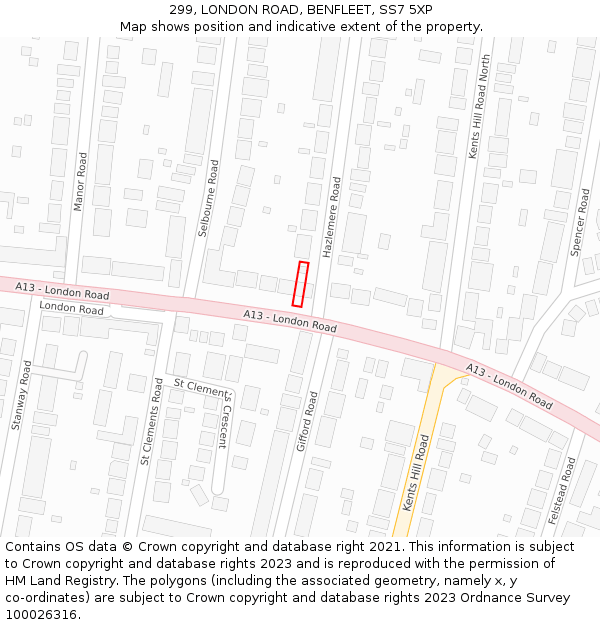 299, LONDON ROAD, BENFLEET, SS7 5XP: Location map and indicative extent of plot
