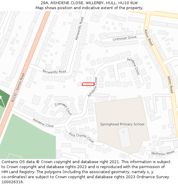 29A, ASHDENE CLOSE, WILLERBY, HULL, HU10 6LW: Location map and indicative extent of plot
