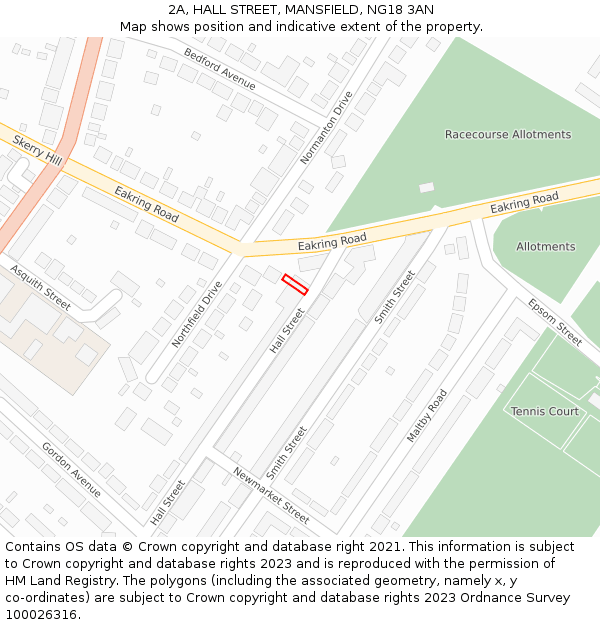 2A, HALL STREET, MANSFIELD, NG18 3AN: Location map and indicative extent of plot