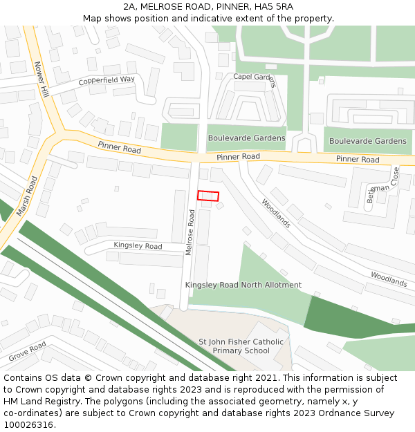 2A, MELROSE ROAD, PINNER, HA5 5RA: Location map and indicative extent of plot